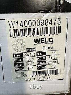 Weld Off-Road FLARE W140 Wheel 20x10 (-18, 6x139.7, 6x135) Black & Red Rim NEW