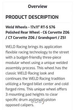 Weld RT-S S76, Aluminum Black 17x11 5 x 4.75 120.65x5 C6 C7 Corvette Z06 blem